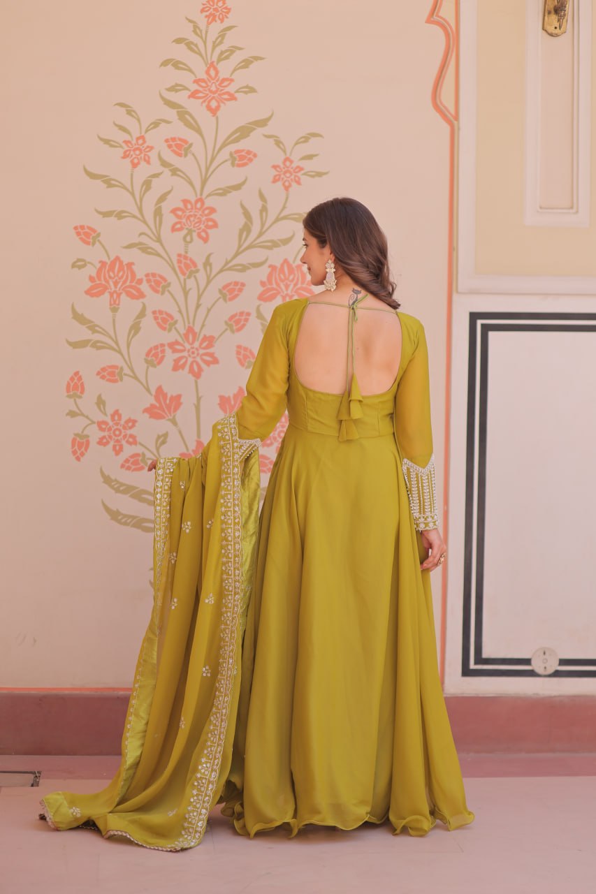 Olive Green Embroidered Anarkali Set with Dupatta