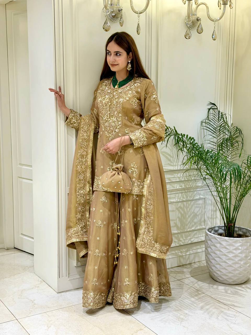 Party Wear Look Pur Nc Moss Silk Top & Palazzo With Dupatta set