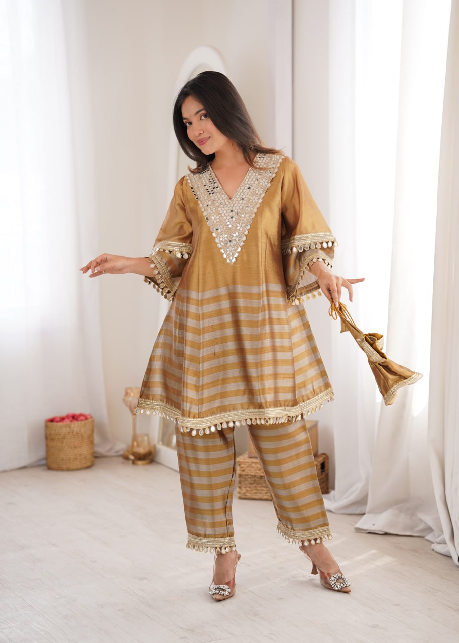 Mustard Gold Mirror Work Co-ord Set