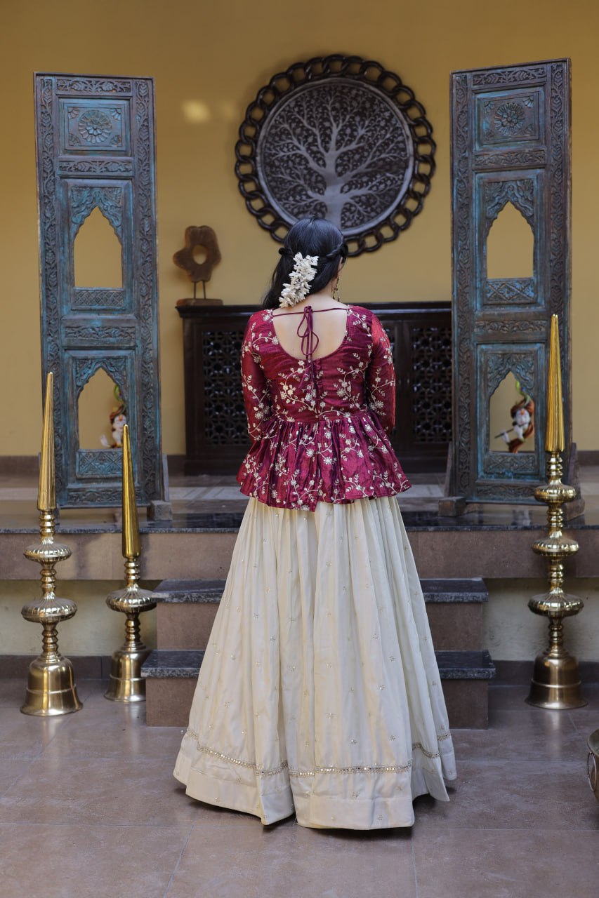 Maroon Floral Peplum Lehenga Set