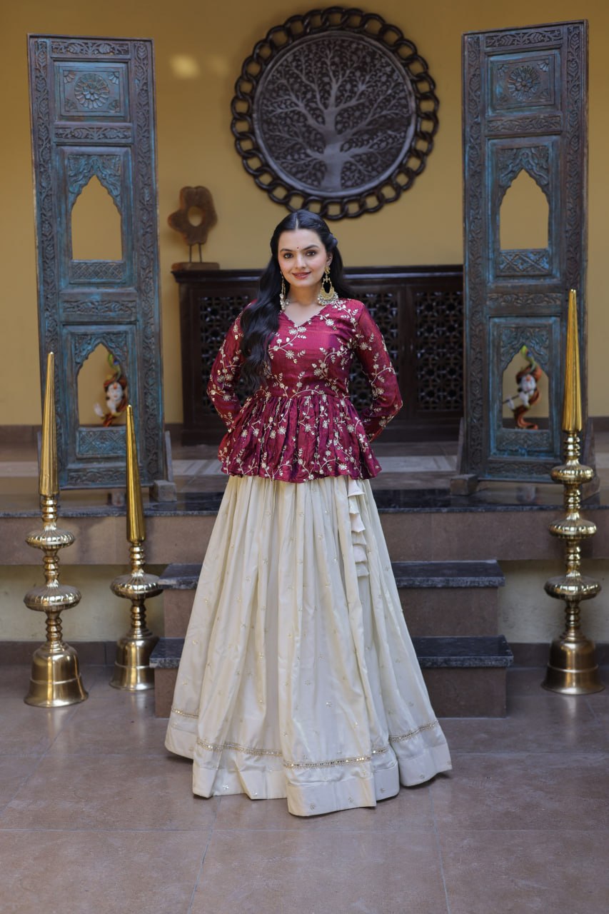Maroon Floral Peplum Lehenga Set