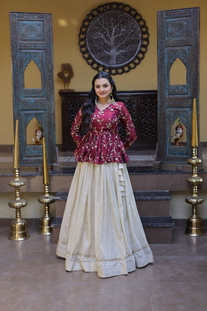 Maroon Floral Peplum Lehenga Set