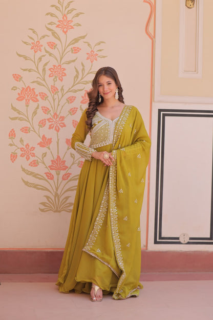 Olive Green Embroidered Anarkali Set with Dupatta