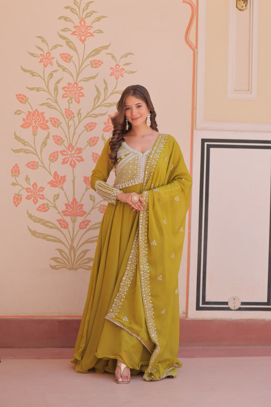 Olive Green Embroidered Anarkali Set with Dupatta