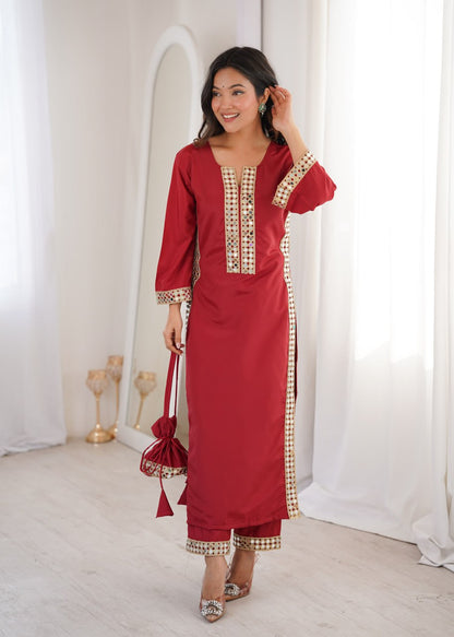 Ruby Red Embellished Kurta Set