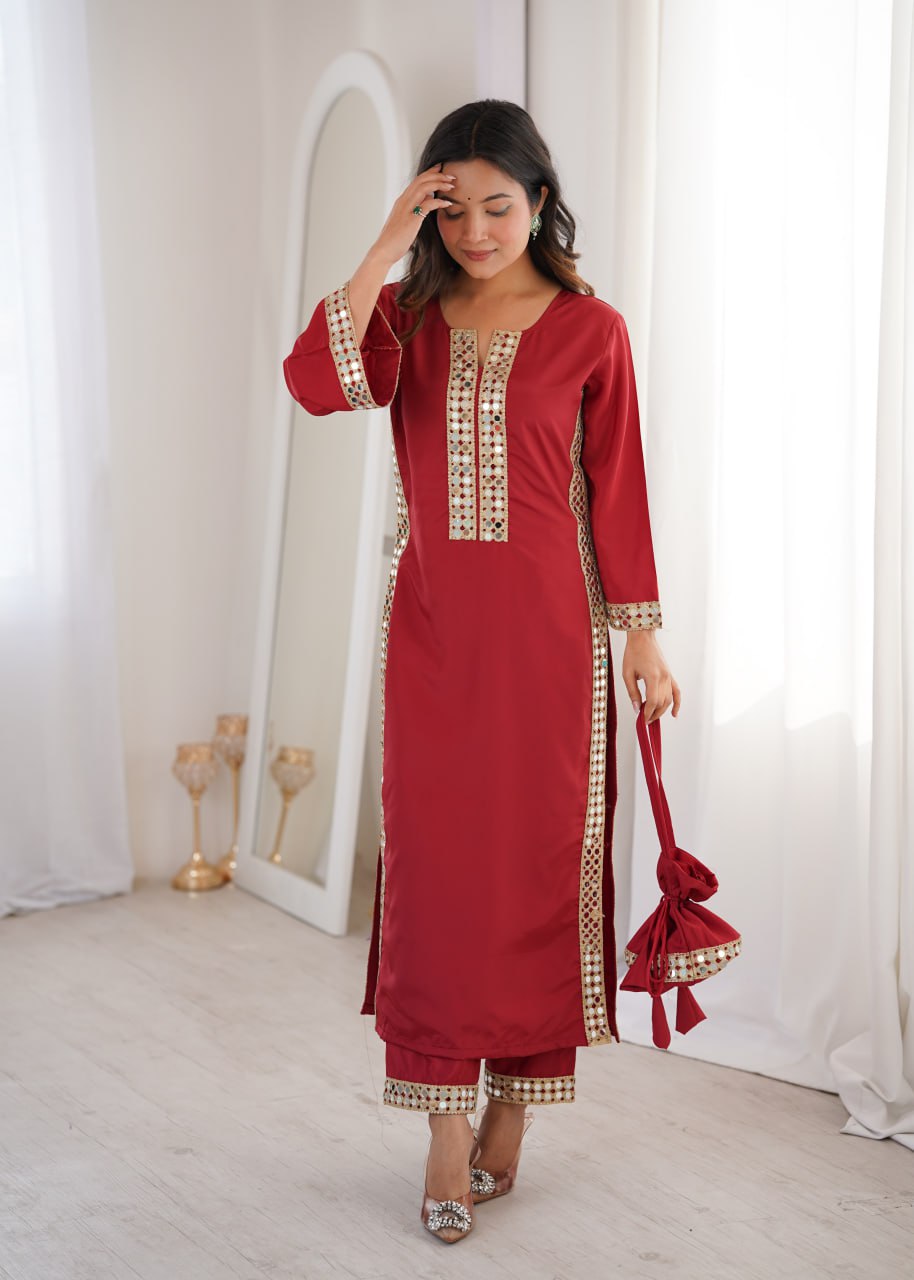 Ruby Red Embellished Kurta Set