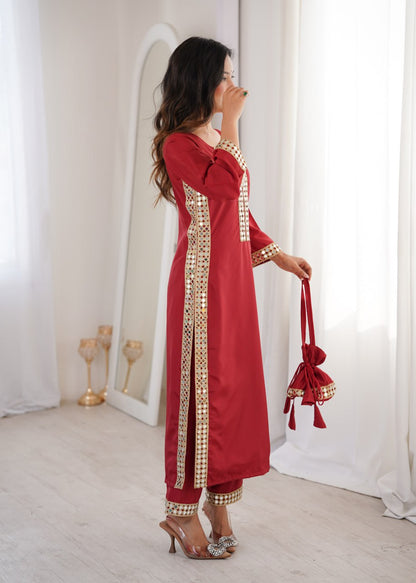 Ruby Red Embellished Kurta Set