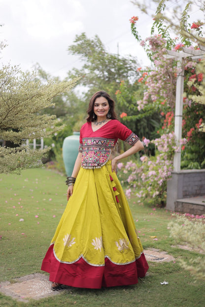 Navratri vibes Are traditional and spiritual, And focus on the fun festive aspects of the festival, So Choose the Different Colors Lehenga With Top For the dancing, the devotion, or the sense of our community. 💃🏻