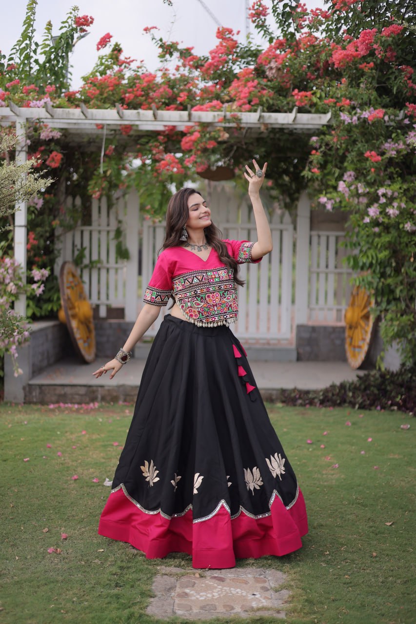 Navratri vibes Are traditional and spiritual, And focus on the fun festive aspects of the festival, So Choose the Different Colors Lehenga With Top For the dancing, the devotion, or the sense of our community. 💃🏻