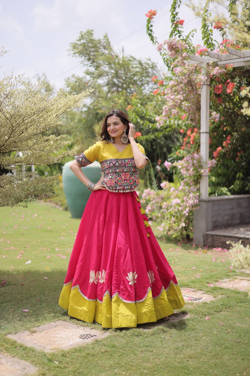 Navratri vibes Are traditional and spiritual, And focus on the fun festive aspects of the festival, So Choose the Different Colors Lehenga With Top For the dancing, the devotion, or the sense of our community. 💃🏻