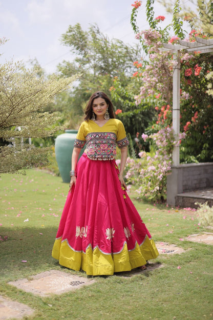 Navratri vibes Are traditional and spiritual, And focus on the fun festive aspects of the festival, So Choose the Different Colors Lehenga With Top For the dancing, the devotion, or the sense of our community. 💃🏻