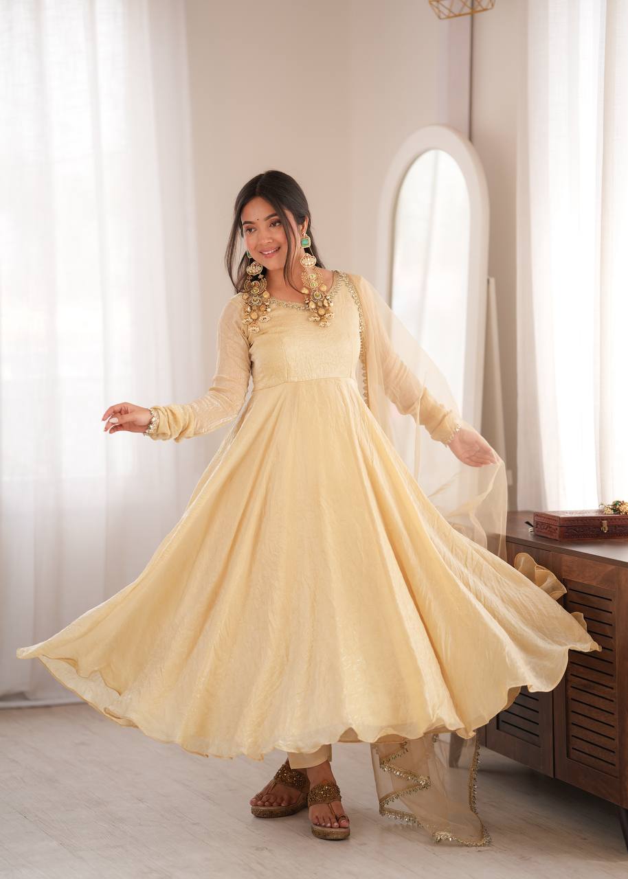 Beige/Cream Doremon Crush Silk Anarkali Gown Set