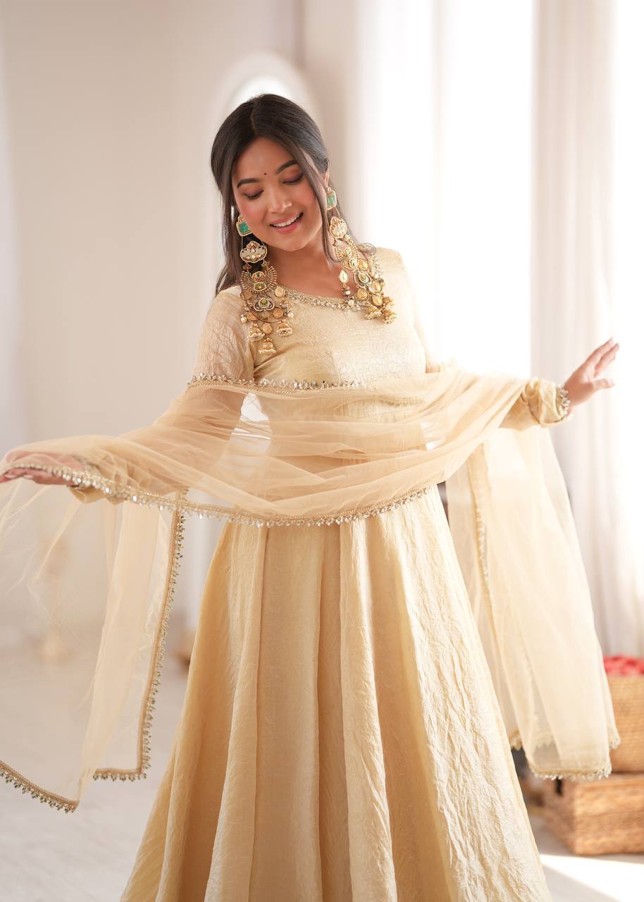 Beige/Cream Doremon Crush Silk Anarkali Gown Set