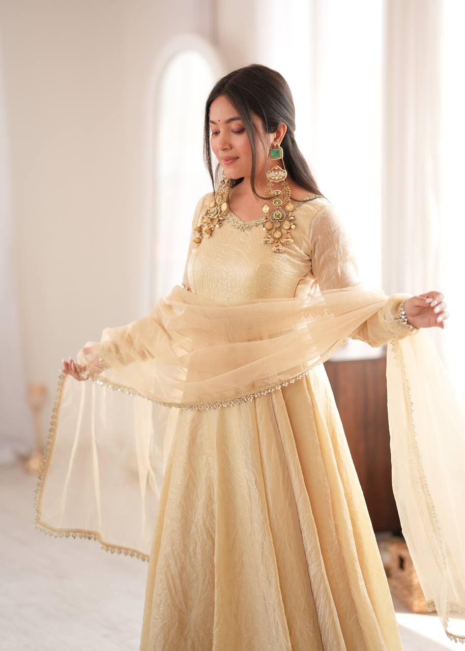 Beige/Cream Doremon Crush Silk Anarkali Gown Set