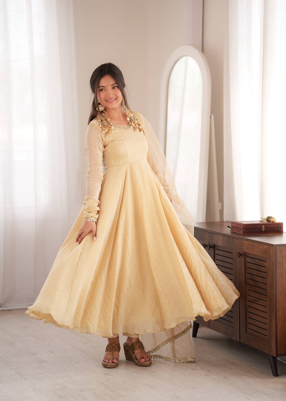 Beige/Cream Doremon Crush Silk Anarkali Gown Set