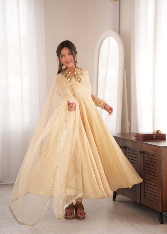 Beige/Cream Doremon Crush Silk Anarkali Gown Set