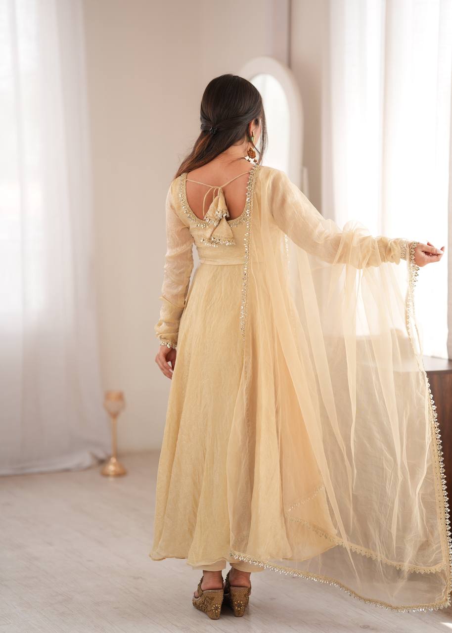 Beige/Cream Doremon Crush Silk Anarkali Gown Set