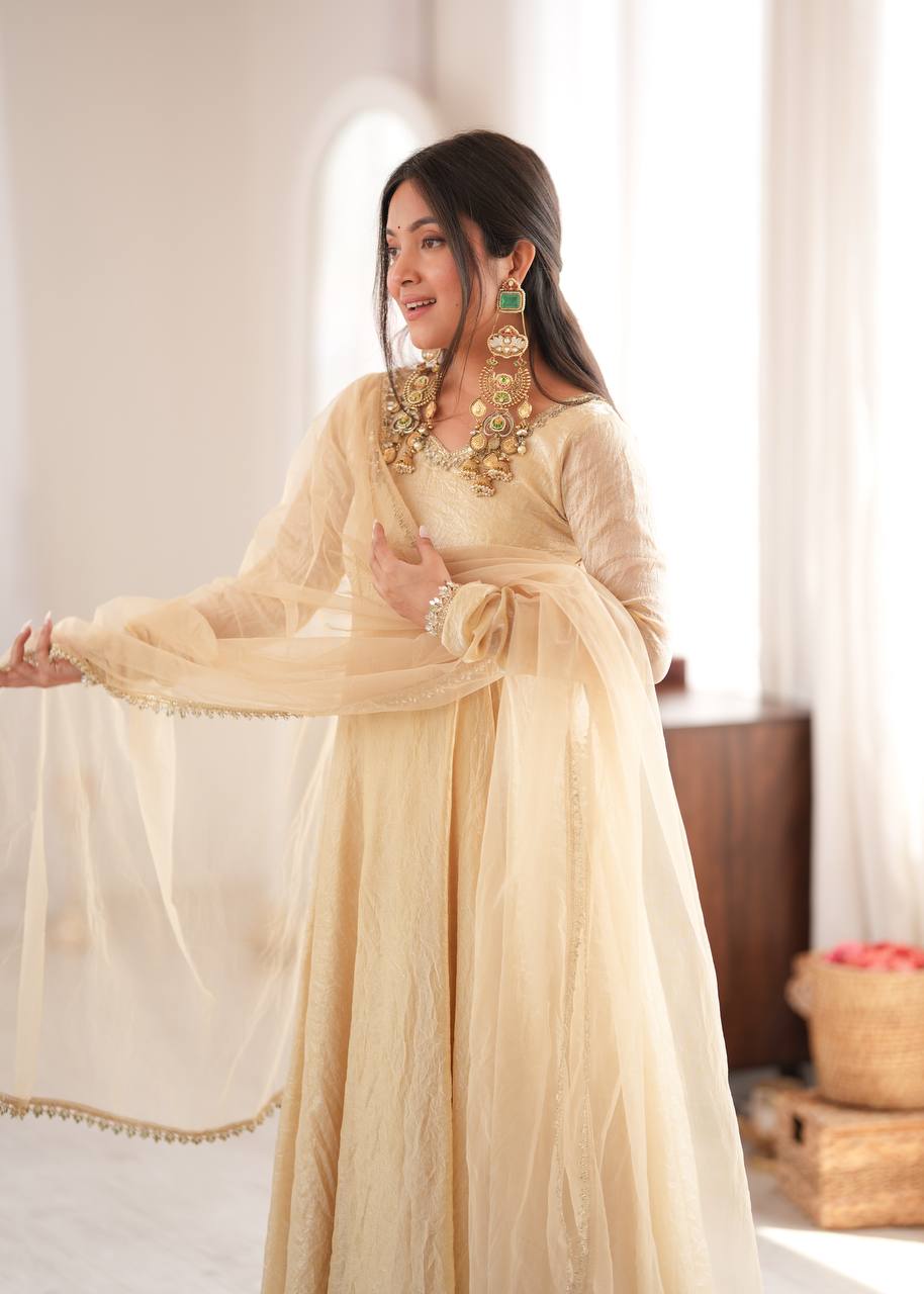 Beige/Cream Doremon Crush Silk Anarkali Gown Set