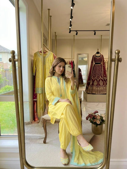Đěsigner Party Wear Look Pur Natural Crep Sillk Top & Balloon Pants With Dupatta set