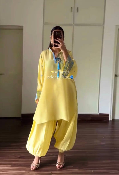 Đěsigner Party Wear Look Pur Natural Crep Sillk Top & Balloon Pants With Dupatta set