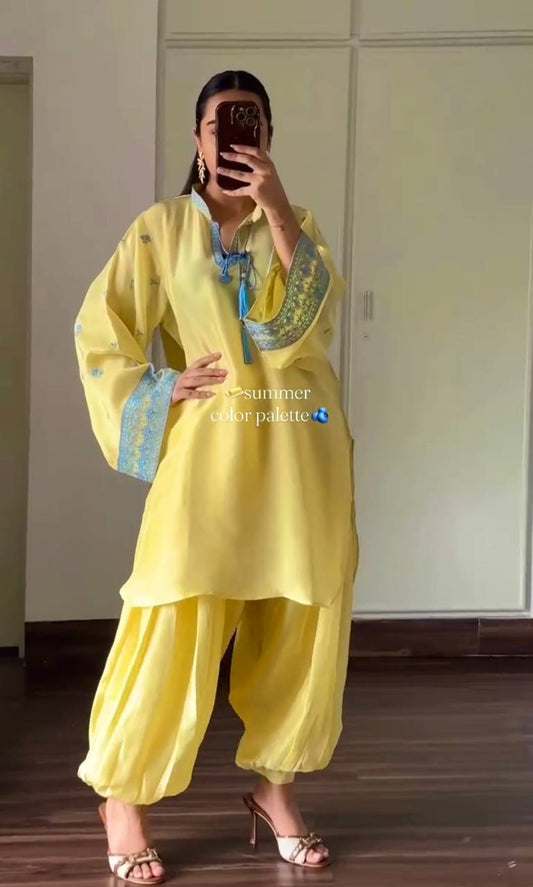 Đěsigner Party Wear Look Pur Natural Crep Sillk Top & Balloon Pants With Dupatta set