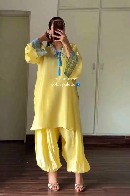 Đěsigner Party Wear Look Pur Natural Crep Sillk Top & Balloon Pants With Dupatta set