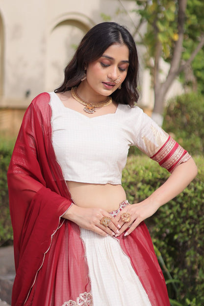 Comfortable and lightweight Elevate this Onam festive wardrobe with this elegant white Viscose jacquard lehenga choli with Dupatta set.