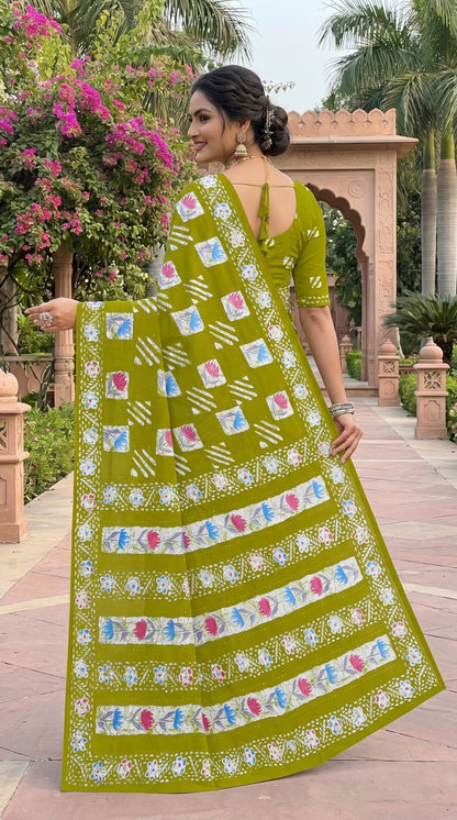 Beutiful Bagru Mulmul  Printed Sarees With Blouse