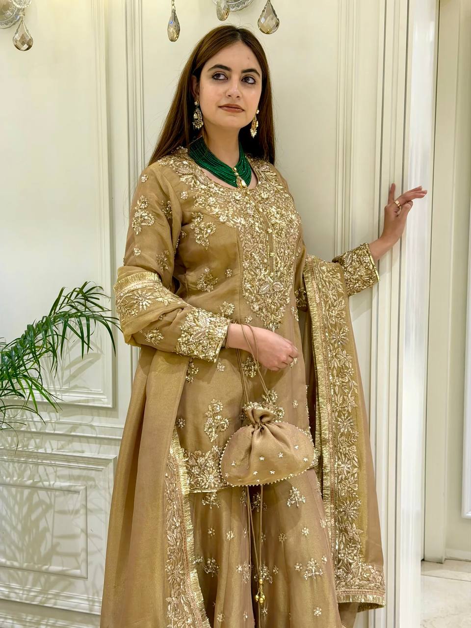 Party Wear Look Pur Nc Moss Silk Top & Palazzo With Dupatta set
