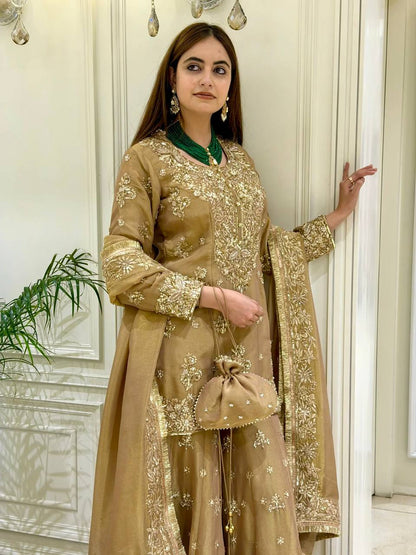 Party Wear Look Pur Nc Moss Silk Top & Palazzo With Dupatta set