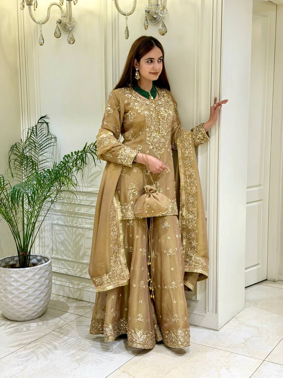 Party Wear Look Pur Nc Moss Silk Top & Palazzo With Dupatta set