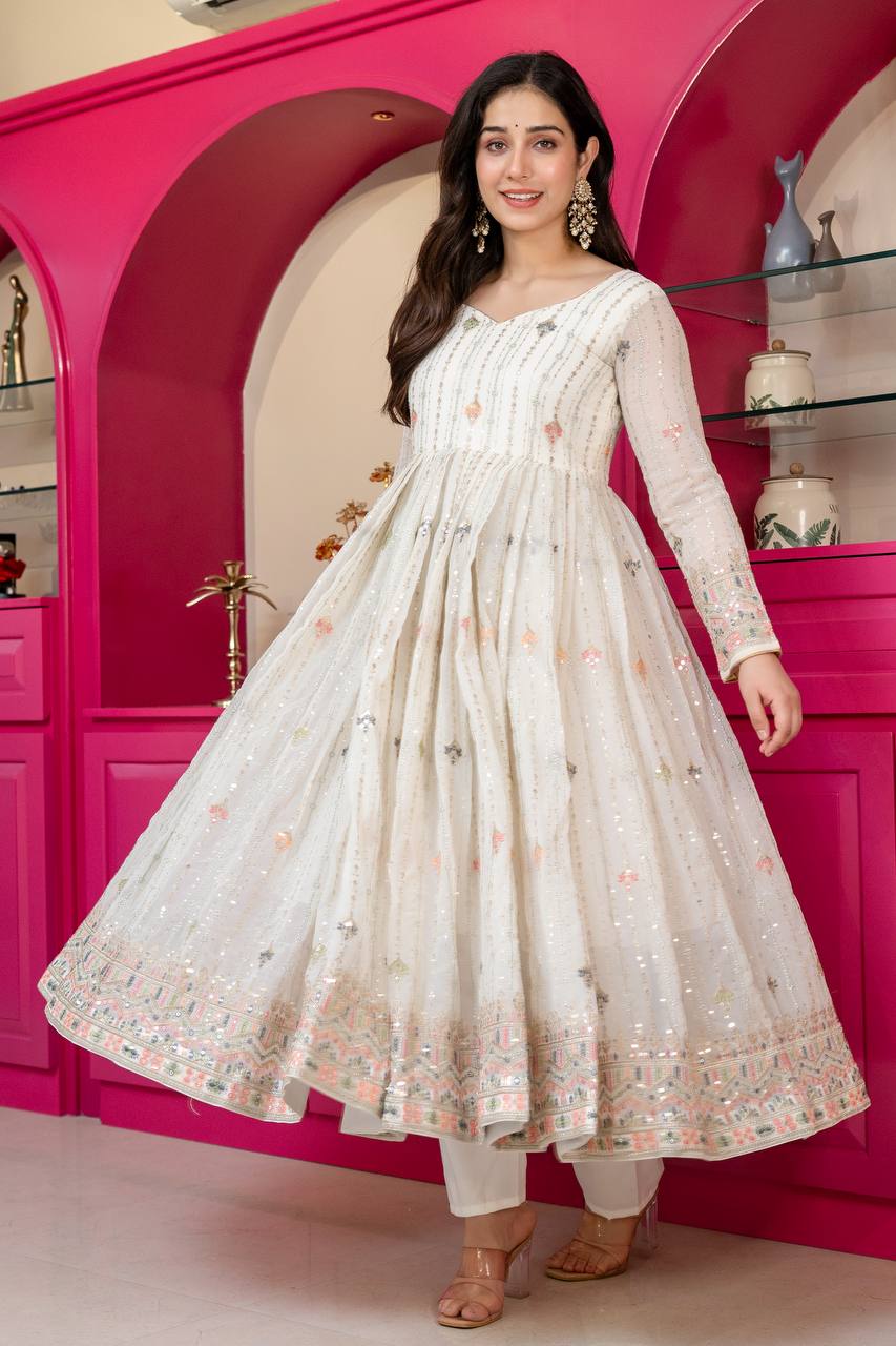 Designer Anarkali Suit is luxury clothing Considered to be high quality Made by Thread-Sequins Embroidery. This is Made for Desirable Women's who deserve it