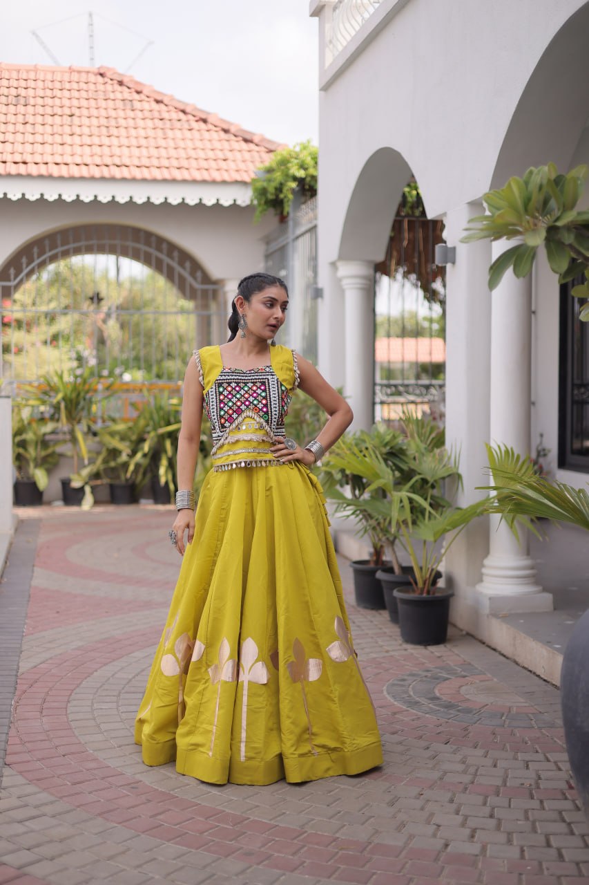 Navratri Festive vibes Are traditional and spiritual, And focus on the fun aspects of the festival, So Choose the Different colors Lehenga With Top For the dancing, the devotion, or the sense of our community.