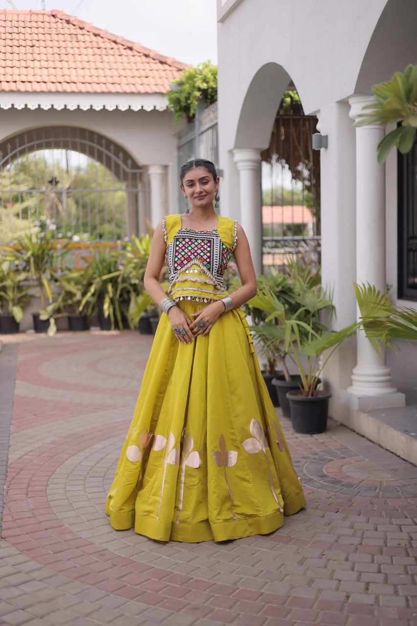 Navratri Festive vibes Are traditional and spiritual, And focus on the fun aspects of the festival, So Choose the Different colors Lehenga With Top For the dancing, the devotion, or the sense of our community.