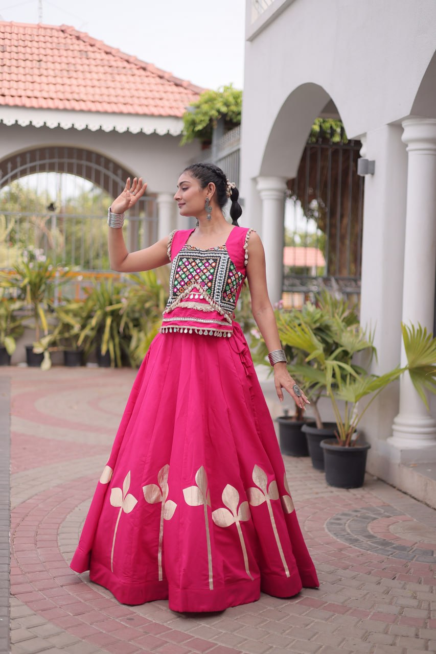 Navratri Festive vibes Are traditional and spiritual, And focus on the fun aspects of the festival, So Choose the Different colors Lehenga With Top For the dancing, the devotion, or the sense of our community.
