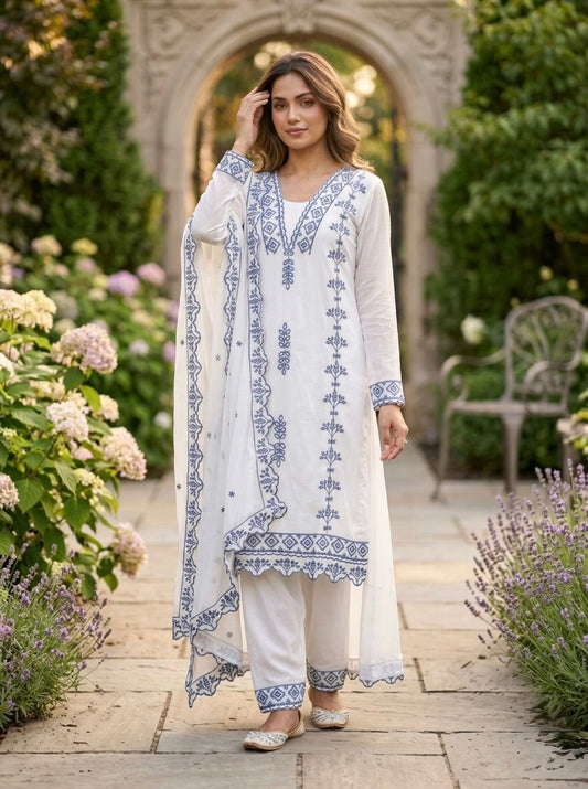 Faux Georgette Fabric Kurti with Cotton Thread Embroidered Work Bottom Dupatta, it Designed to Smoothly Fitted all body types, gowns for women combine the best parts of  Indian Ethnic & Party wear into  stunning ensemble.
