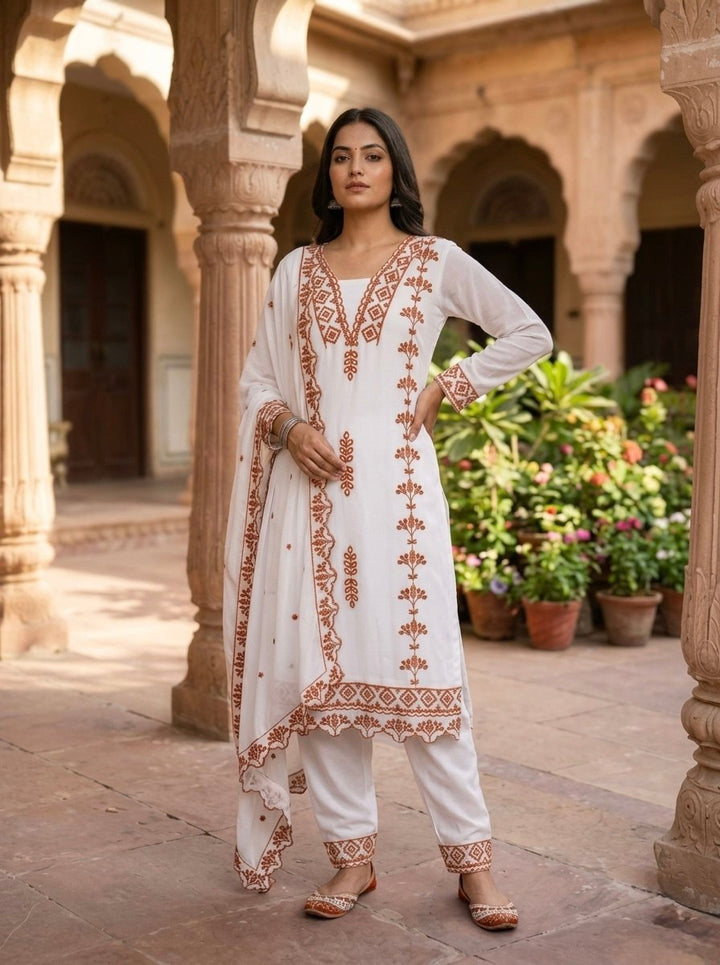 Faux Georgette Fabric Kurti with Cotton Thread Embroidered Work Bottom Dupatta