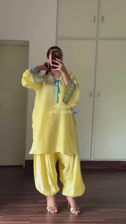 Đěsigner Party Wear Look Pur Natural Crep Sillk Top & Balloon Pants With Dupatta set