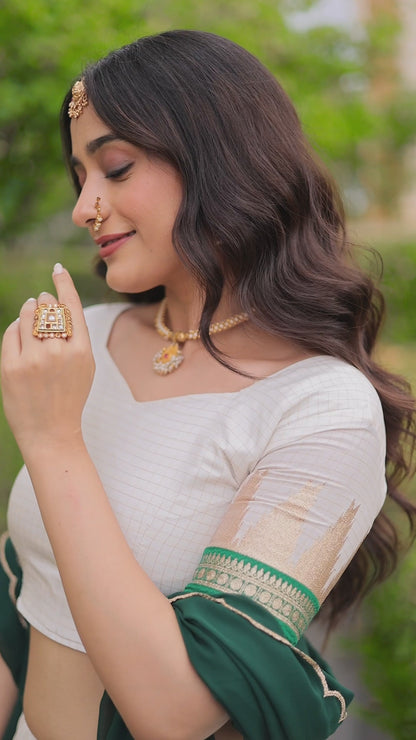 Comfortable and lightweight Elevate this Onam festive wardrobe with this elegant white Viscose jacquard lehenga choli with Dupatta set.